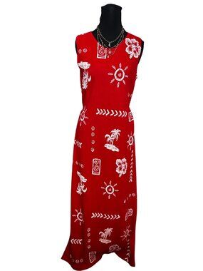 Red Sleeveless Beach Dress with Tropical Designs